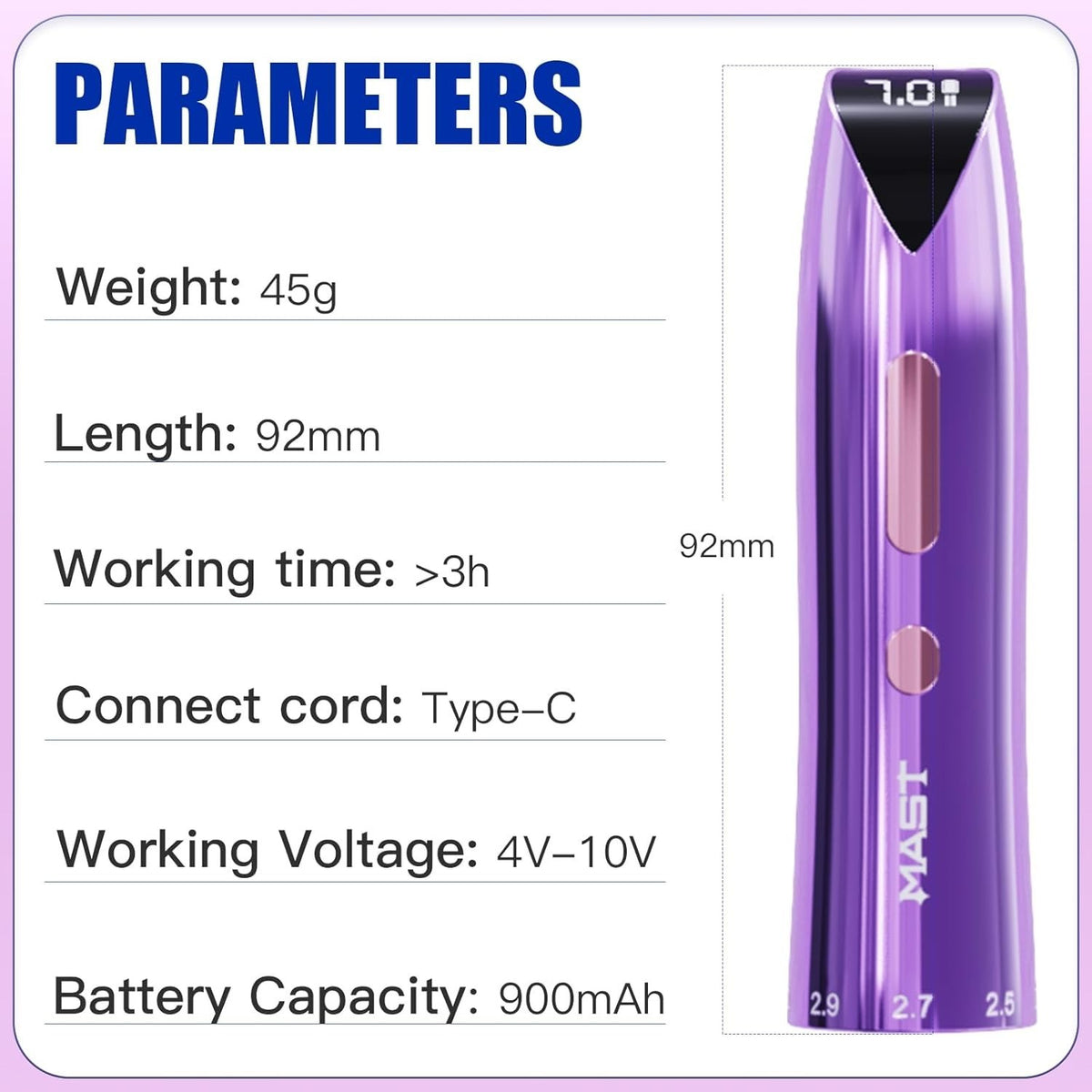 Cordless Battery for Mast P60 Tattoo Pen Machine - 900mAh, 4-10V, Pink