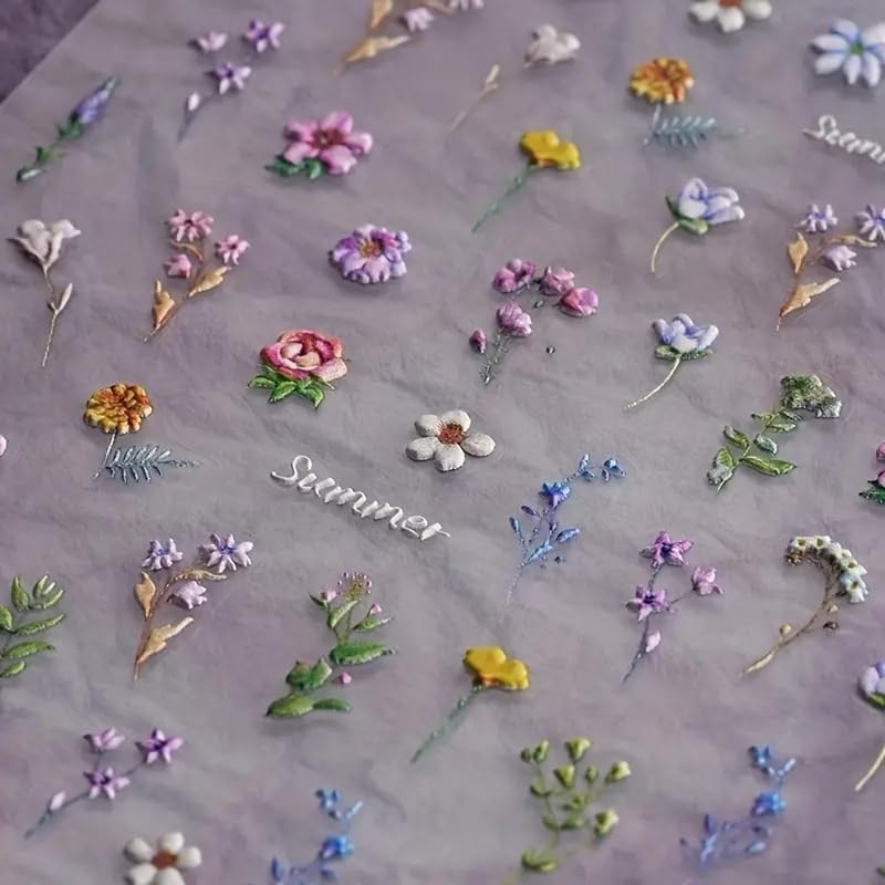 Summer Floral Nail Stickers - 3D Embossed Self-Adhesive Decals for Nails
