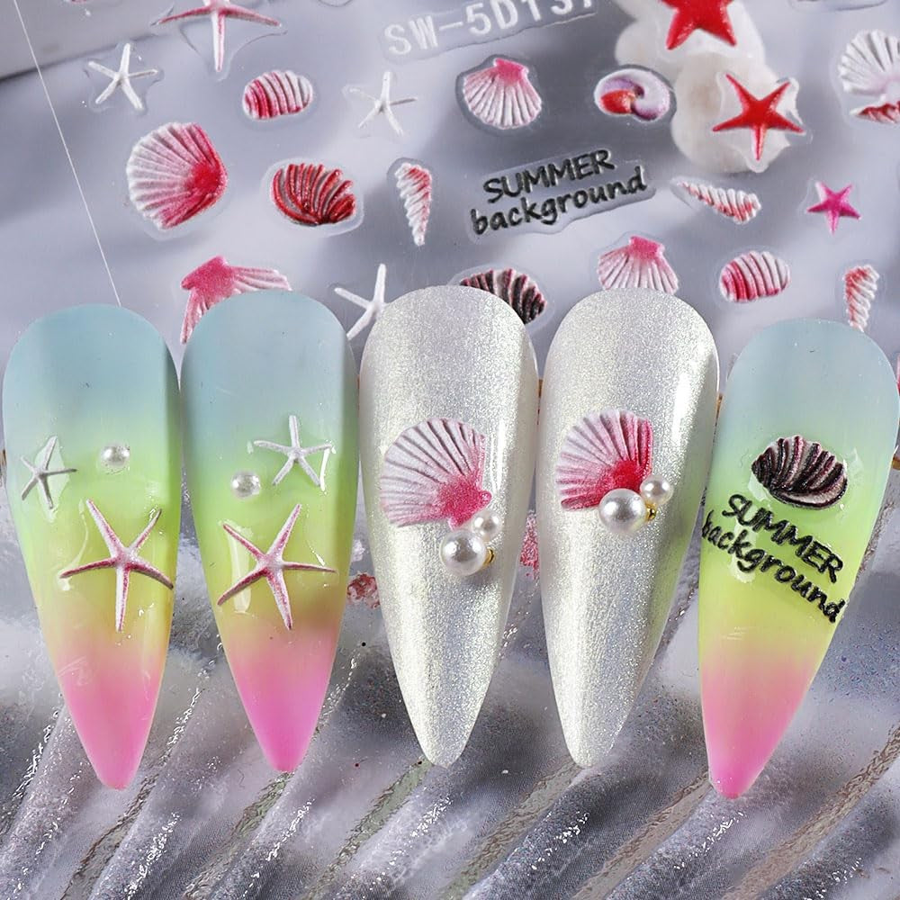 Summer Ocean Nail Stickers - 5D Embossed Shell & Sea Creatures Decals