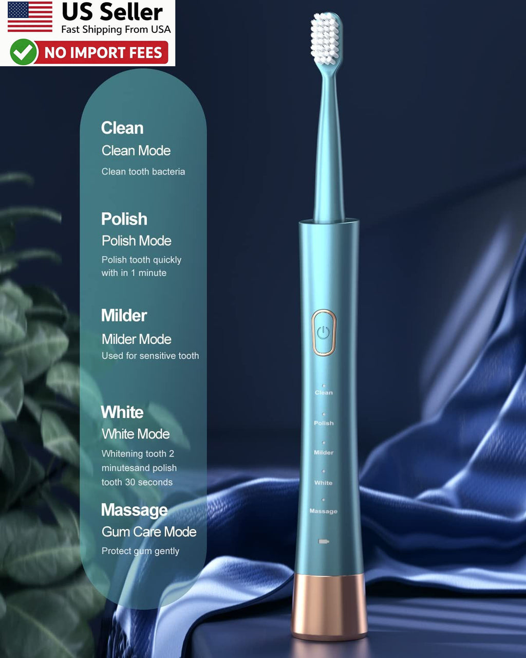 USB Rechargeable Sonic Electric Toothbrush for Adults 5 Modes Green