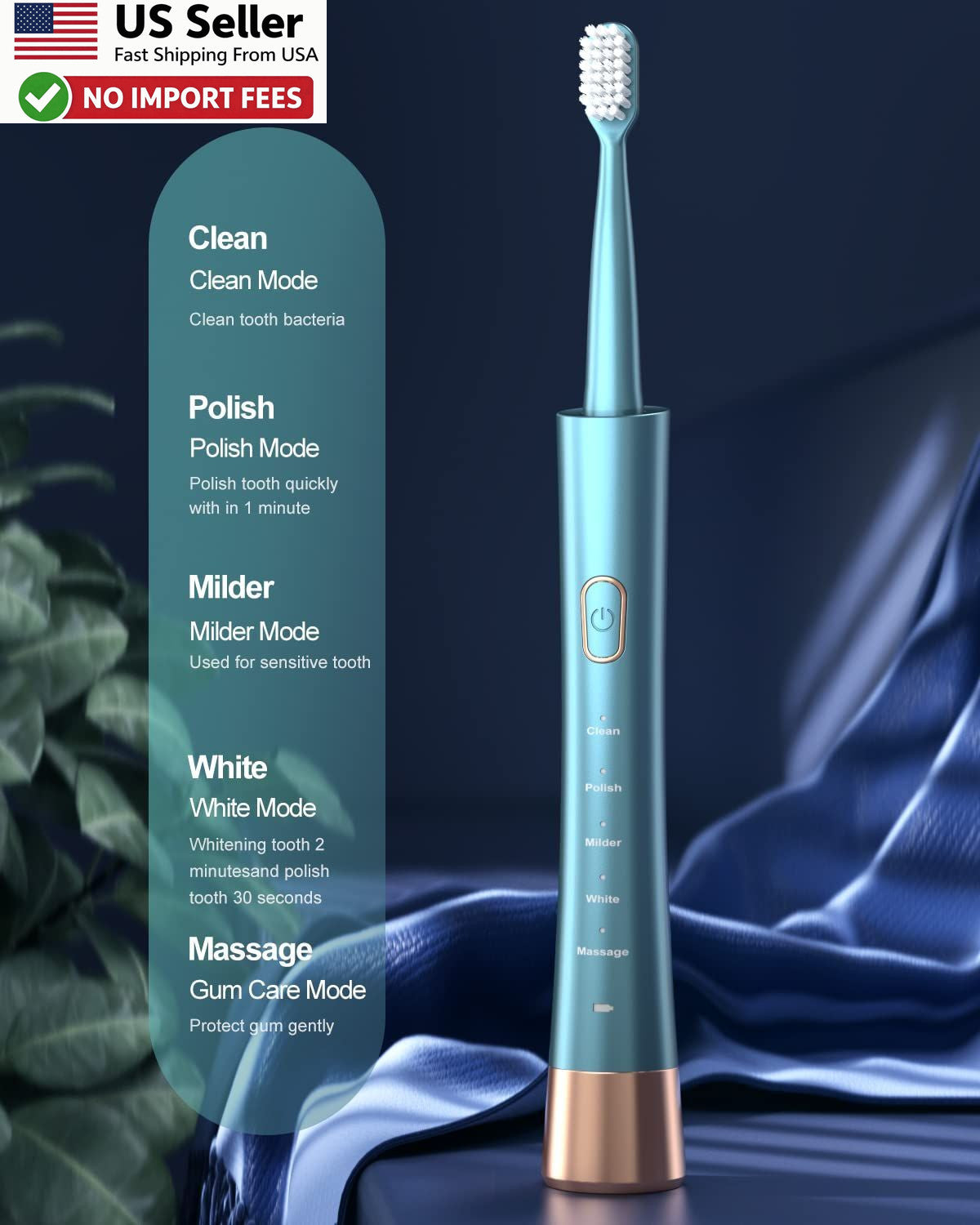 USB Rechargeable Sonic Electric Toothbrush for Adults 5 Modes Green