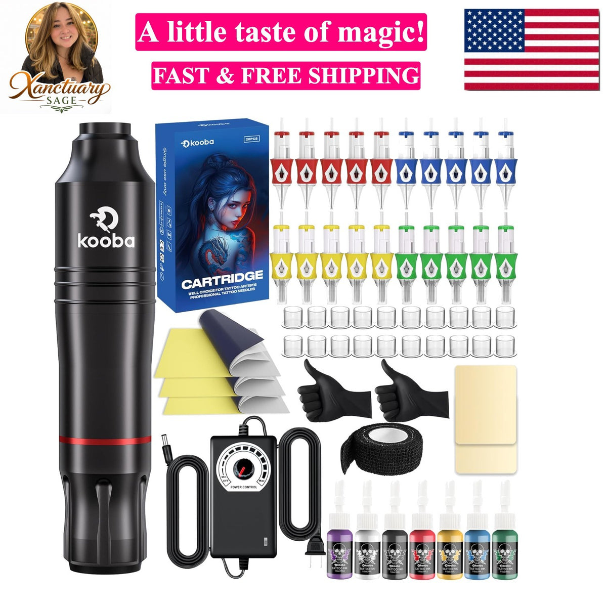 Rotary Tattoo Pen Kit - Complete Tattoo Machine Set with 20 Cartridges & 7 Ink Colors