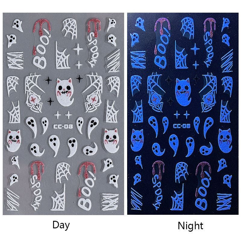 Glow-in-the-Dark Halloween Spider Web Nail Art Stickers Pink Black Ghost BOO