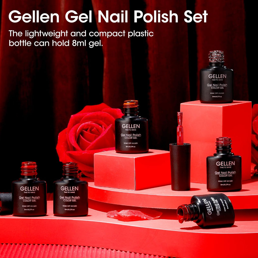 Gel Nail Polish Set - 6 Colors Burgundy Red Glitter Crimson for Manicure