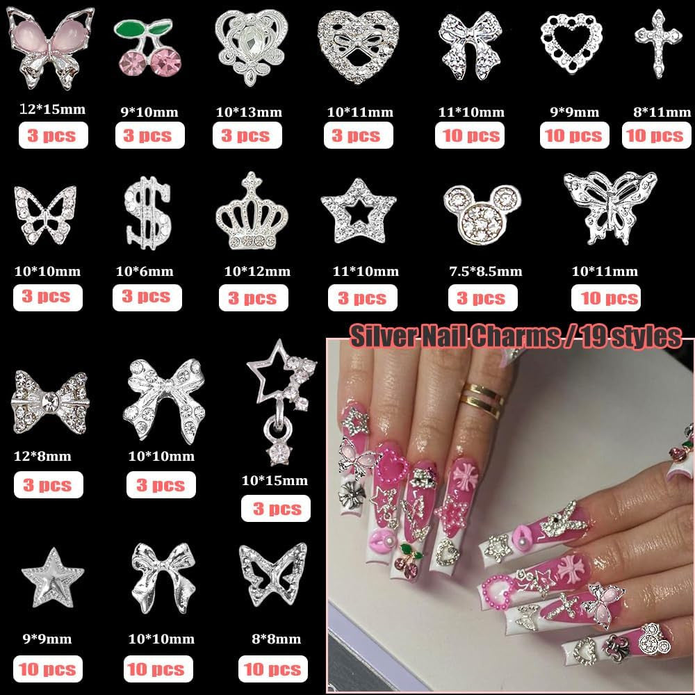 Silver Nail Charms & Rhinestones Set - 19 Styles for Acrylic Nails