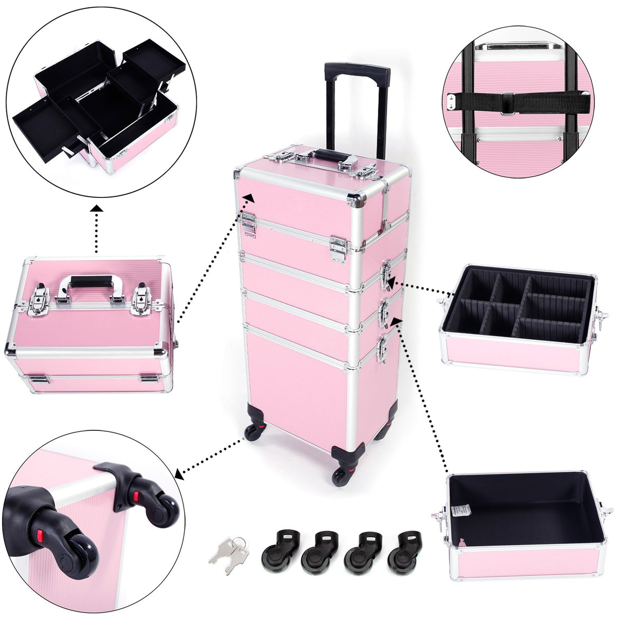 4-in-1 Makeup Case Portable Cosmetic Storage Trolley Box