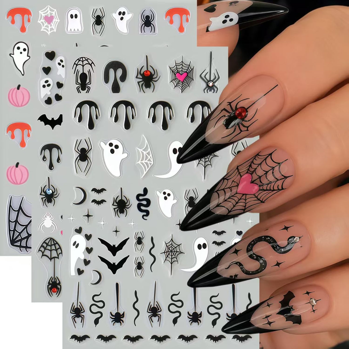 Halloween Nail Stickers Set - 6 Sheets Bat Spider Spider Web Multicolor