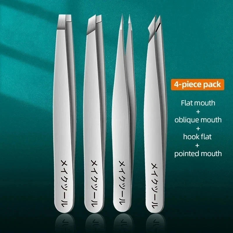 Professional Stainless Steel Eyebrow Tweezers Set for Facial Hair Removal - 4 Pack