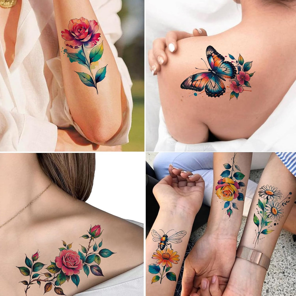 3D Watercolor Flower Temporary Tattoos for Women – Large Rose & Floral Set