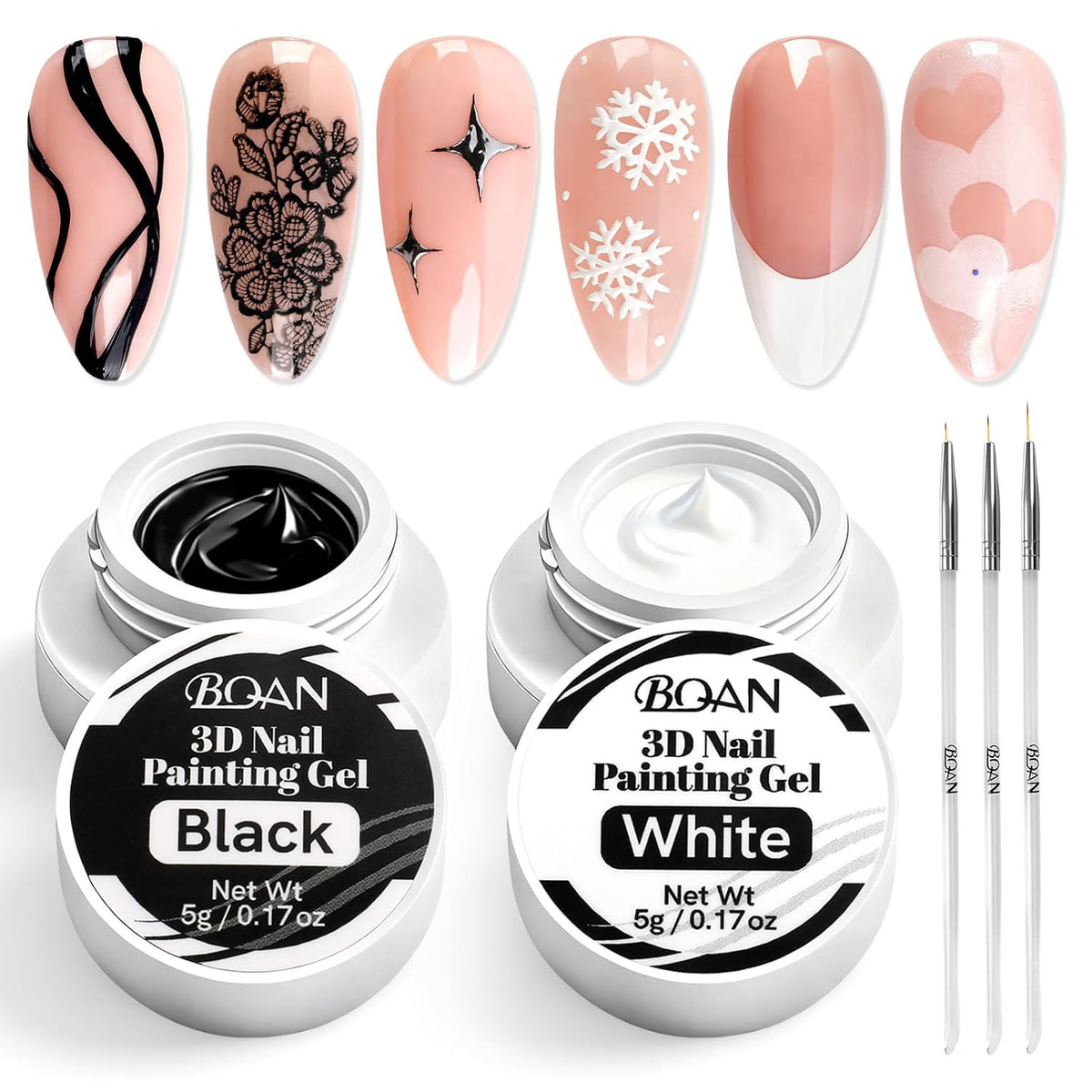 Nail Art Gel Paint Set - Black & White No Wipe Gel Polish for French Tips