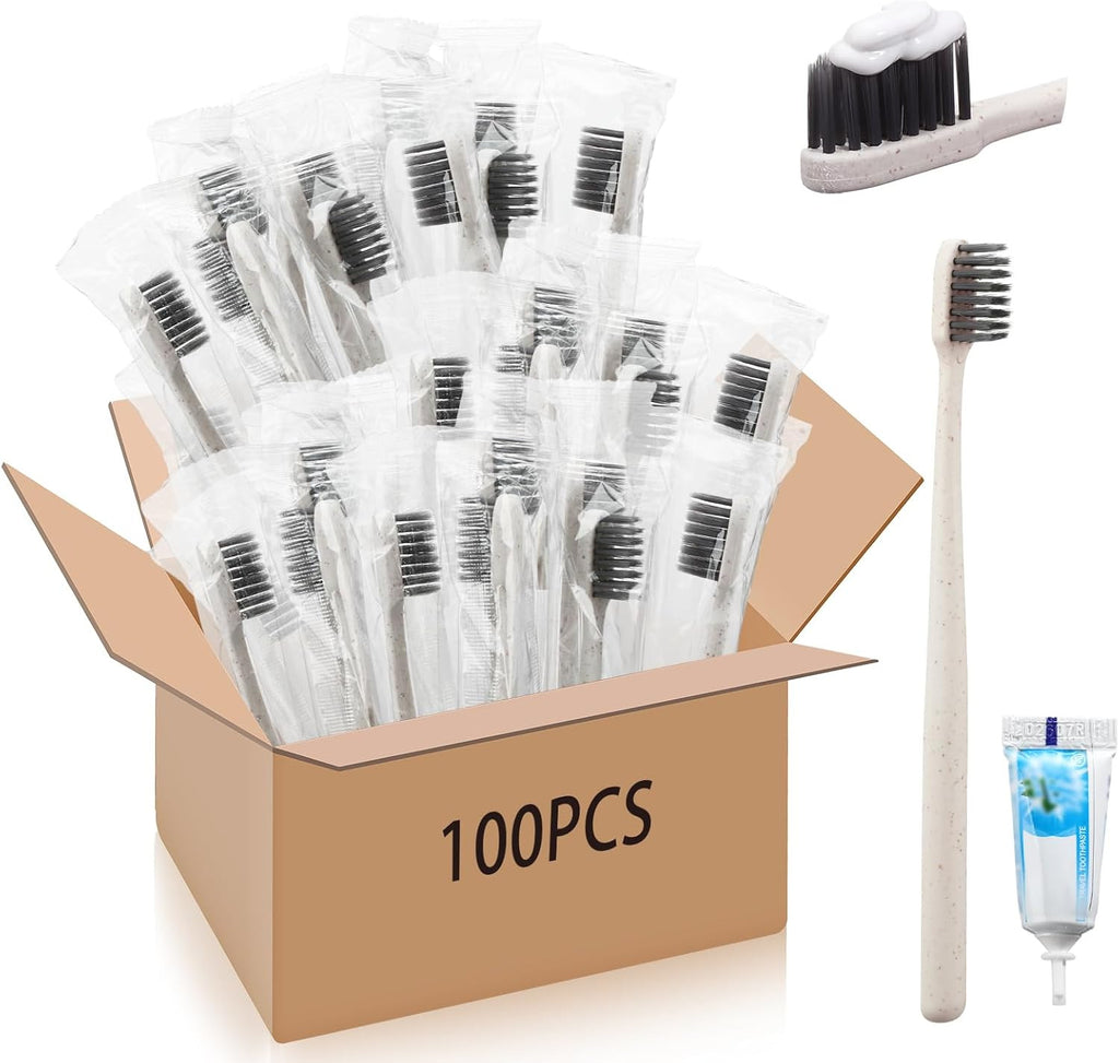 Disposable Toothbrush Set with Mini Toothpaste - 100 Individually Wrapped