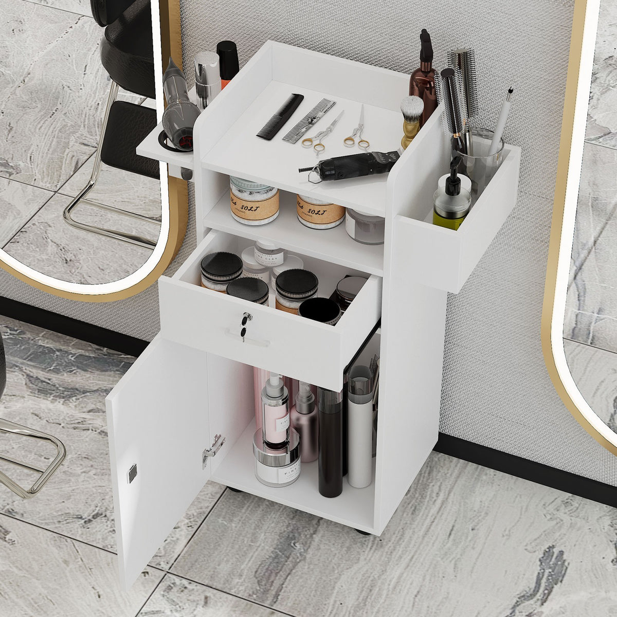 Rolling Hair Styling Station Barber Cabinet with Lockable Wheels and Storage