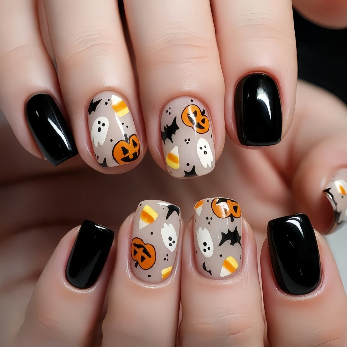 48Pcs Cute Spooky Halloween Press-On Nail Set - Pumpkin Ghost Bat Design