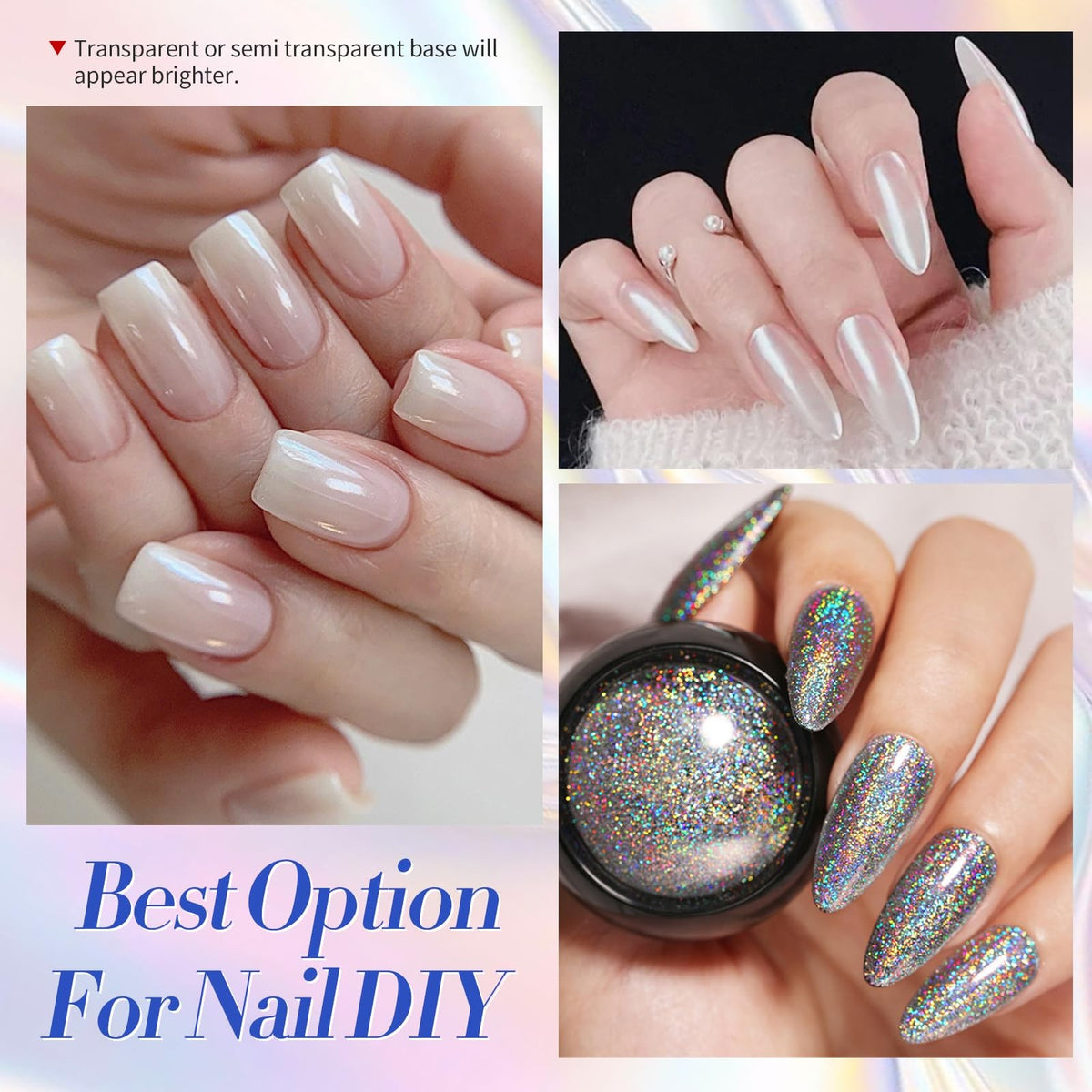 Chrome Nail Powder Set - White Pearl, Holographic & Mirror Effects