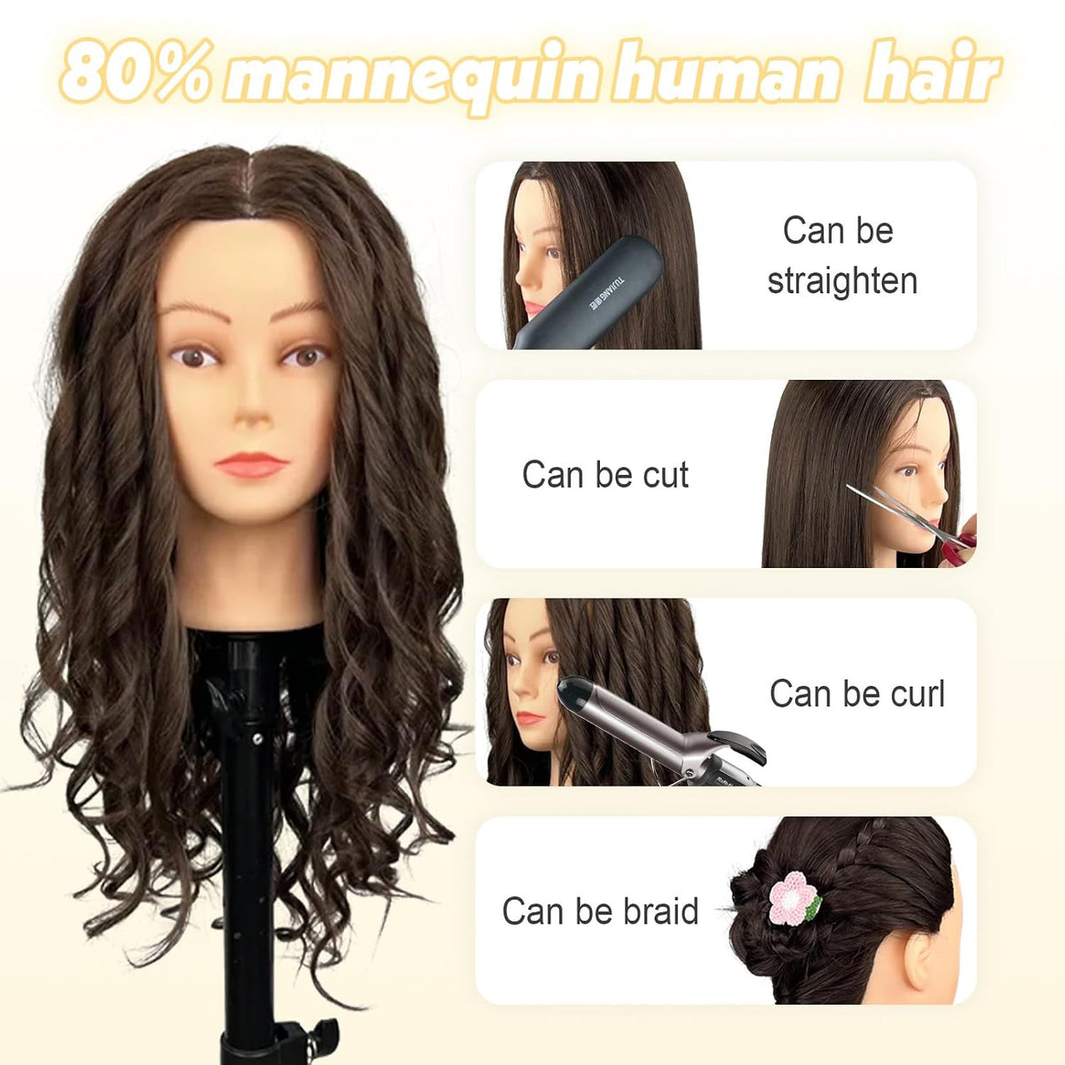 22-Inch Mannequin Head for Cosmetology with Human Hair Doll Head