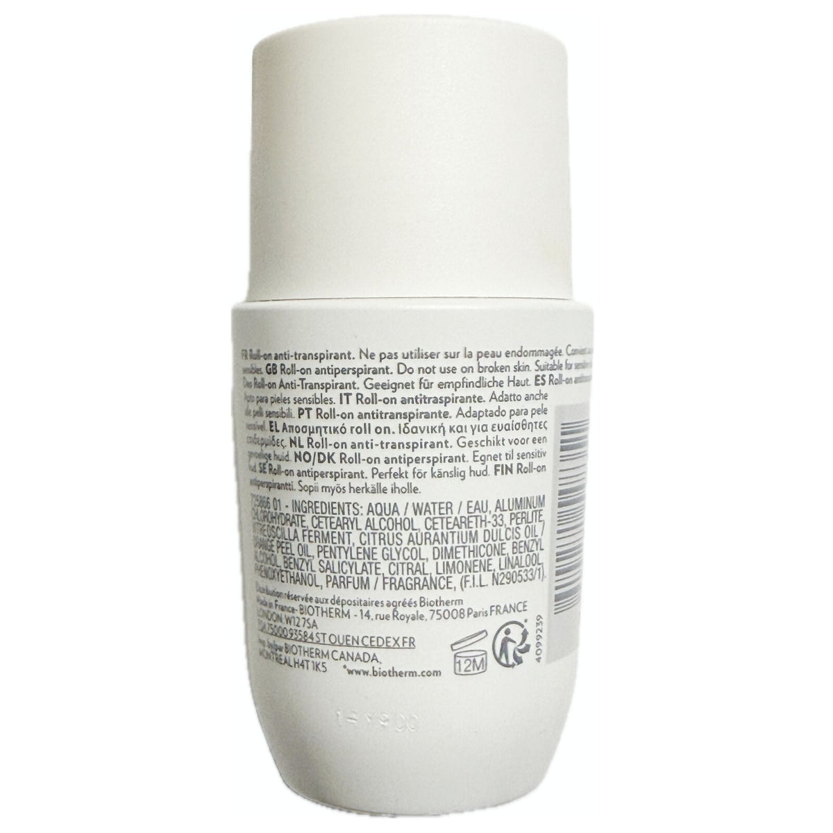 Biotherm Deodorant 72 Hour Roll-On Antiperspirant for Sensitive Skin 75ml