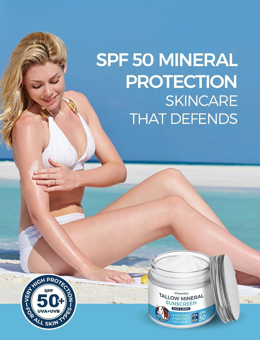 Organic Beef Tallow Sunscreen SPF 50 with Zinc Oxide Non-Toxic Moisturizer
