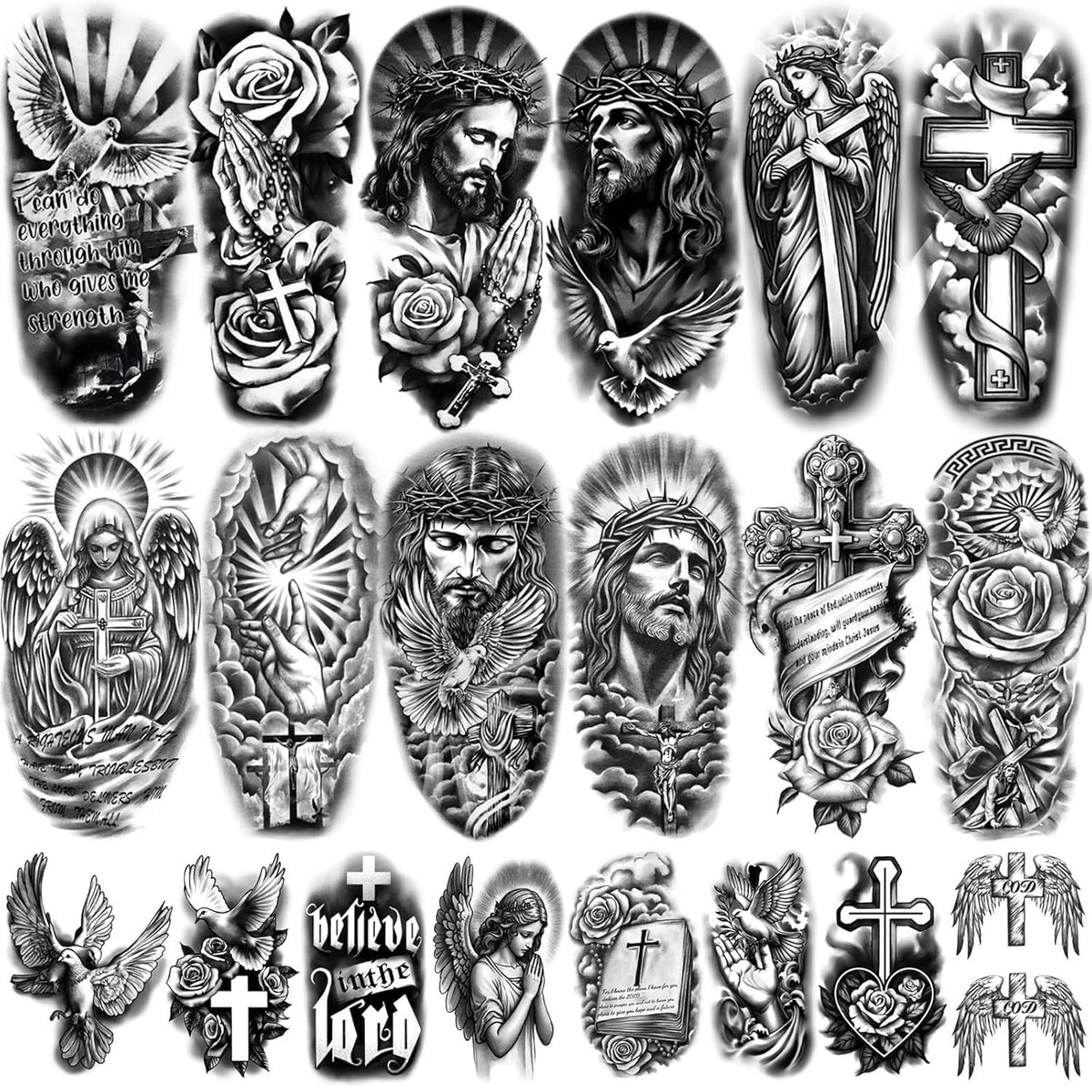 77 Sheets Christian Temporary Tattoos - Religious Crosses, Jesus & Angels