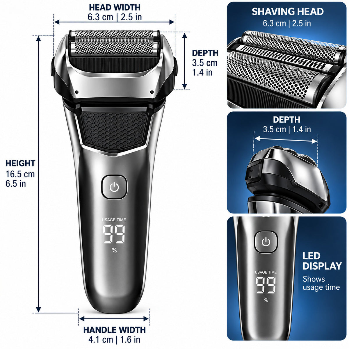 Cordless Waterproof Electric Razor for Men - Wet Dry Shaving, Floating Heads, Fast Charging