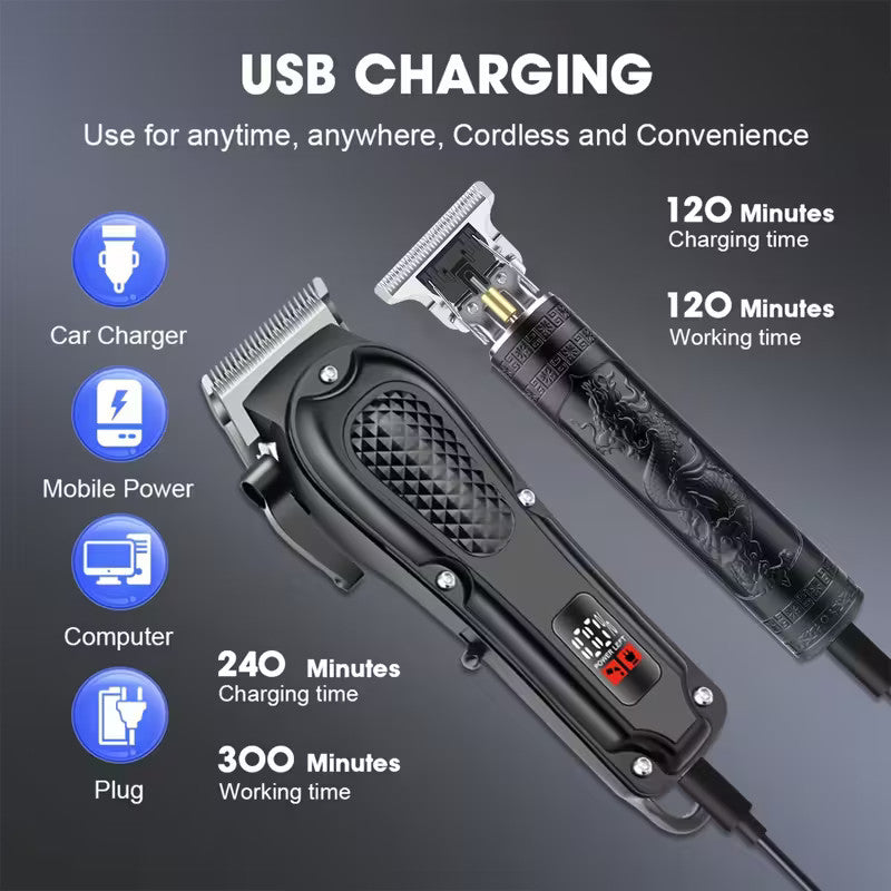 Cordless Hair Clippers & Trimmer Set for Men with Adjustable Blades