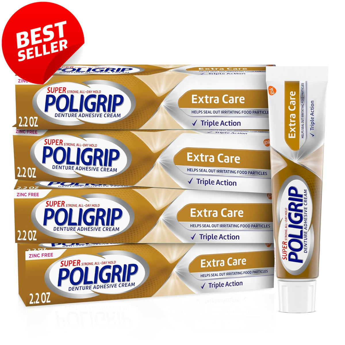 Zinc-Free Denture Adhesive Cream 2.2oz - 4 Pack for Strong All-Day Hold