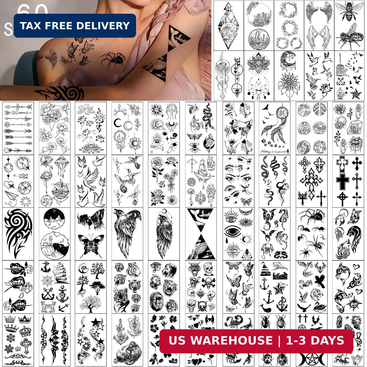 60 Sheets Tiny Waterproof Temporary Tattoos – Flowers, Stars & Animals Set