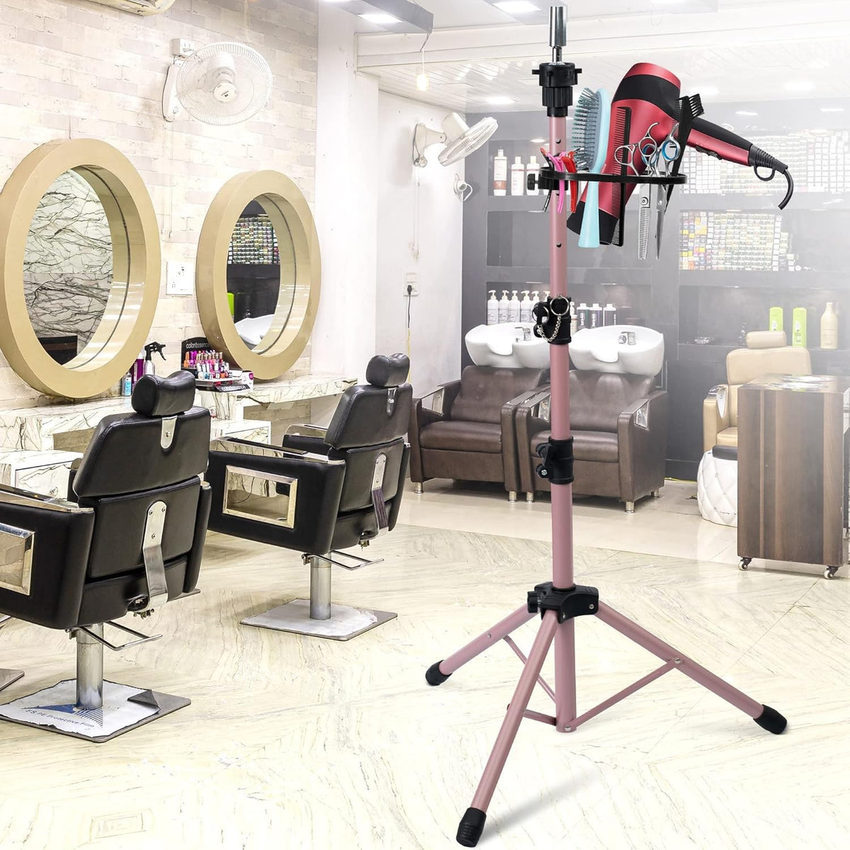 Adjustable Metal Wig Stand Tripod Mannequin Head Holder with Tool Tray - Black & Rose Gold