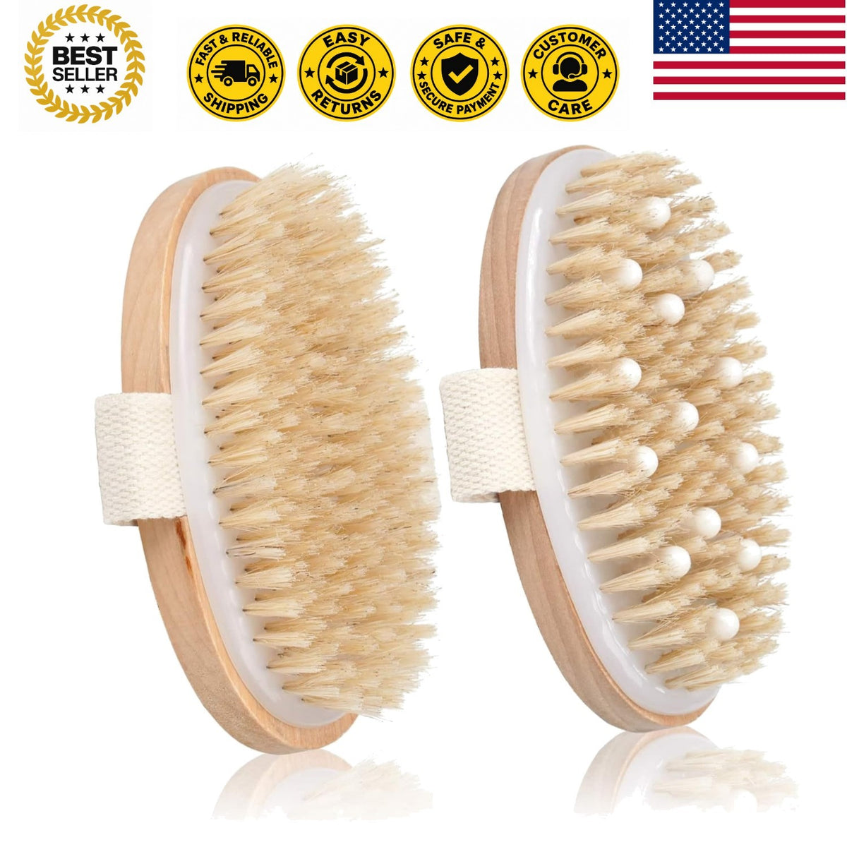 2 Pack Natural Bristle Dry Body Brush for Exfoliation & Lymphatic Massage