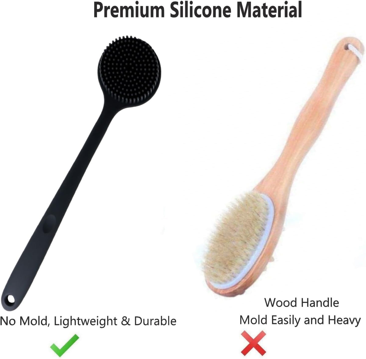 Silicone Back Scrubber Long Handle Shower Body Brush for Men & Women