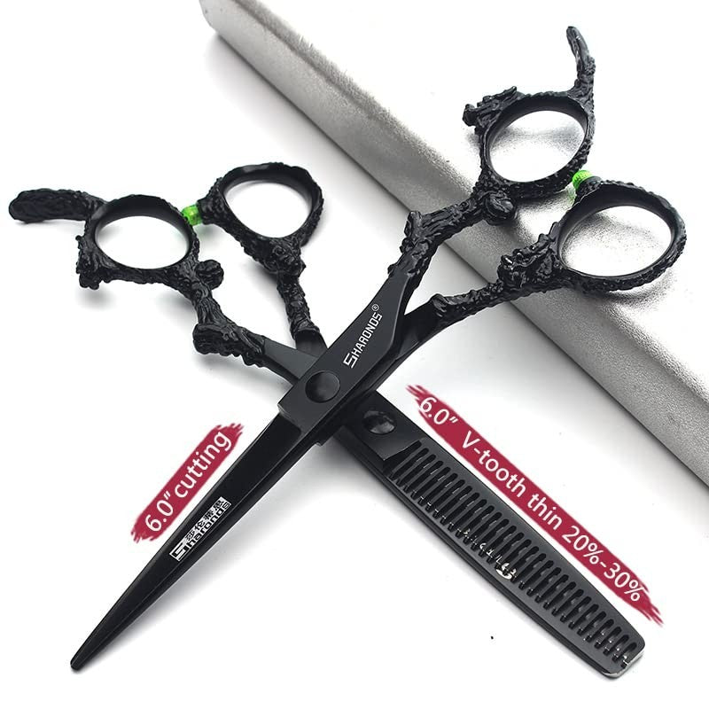 6-Inch Hair Cutting & Thinning Scissors Set - Professional Barber Shears, Black Finish