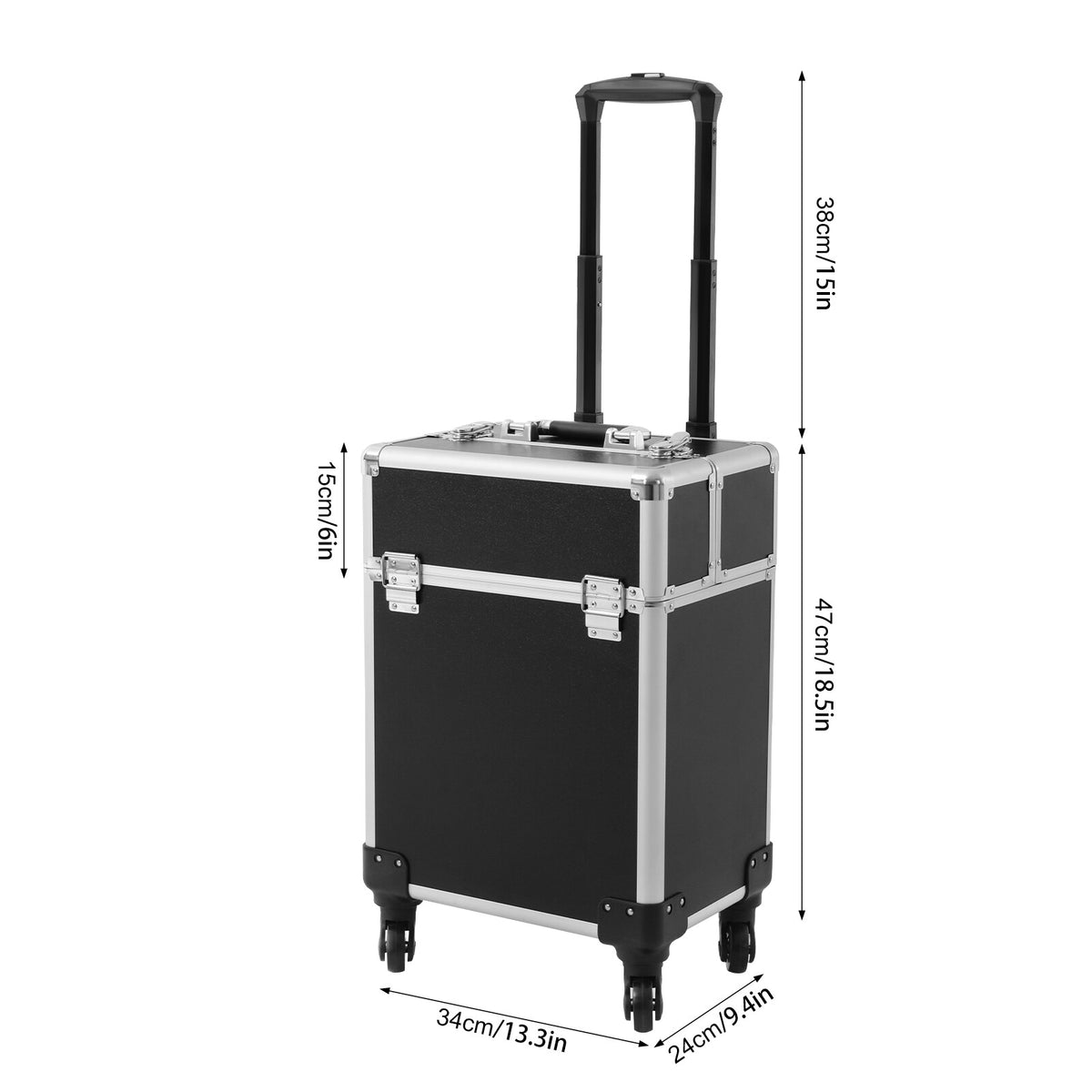 Travel Makeup Case with Wheels & Expandable Compartments - Black