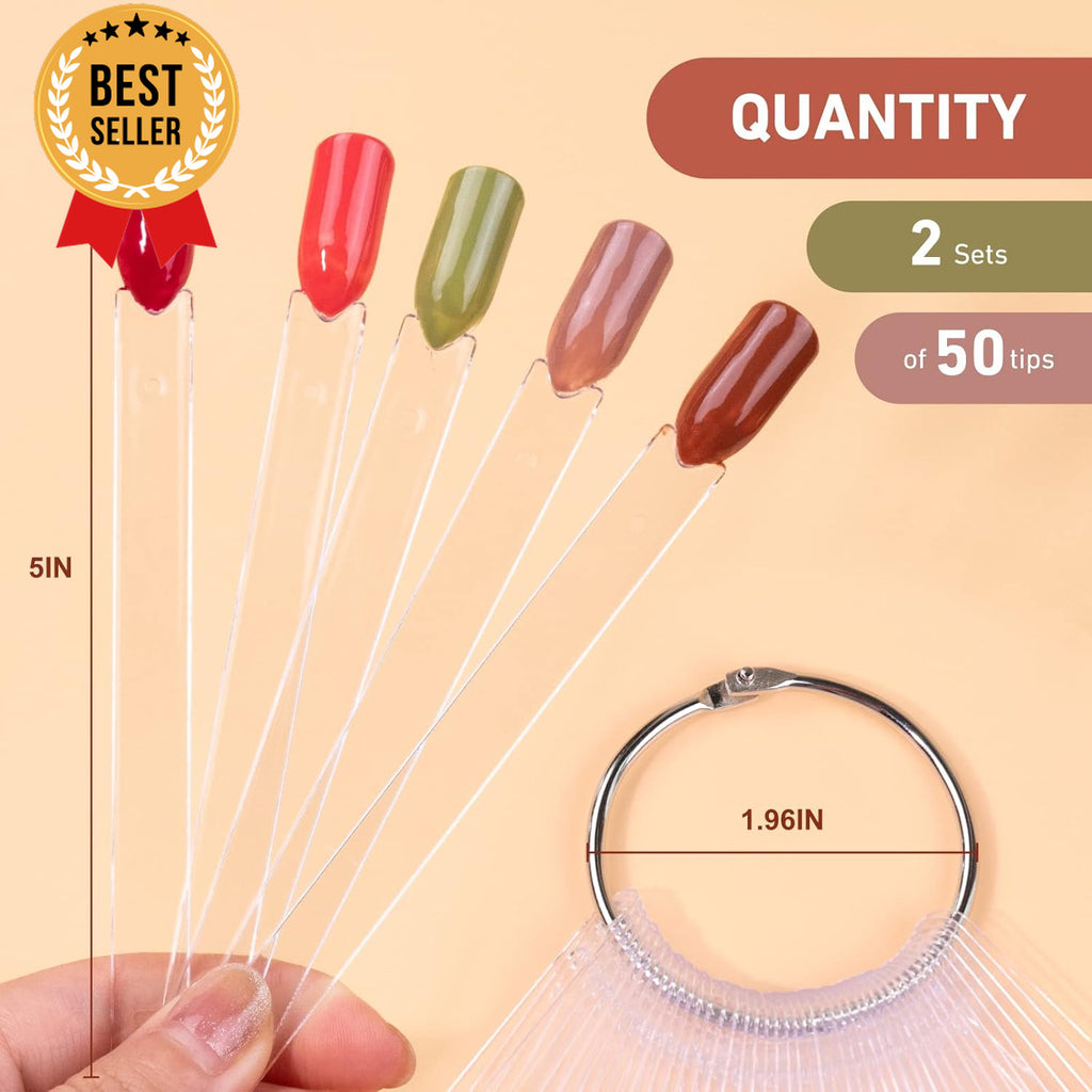 Nail Swatch Sticks Fan Shaped with Ring - 100 Clear Nail Tips for Display & Practice