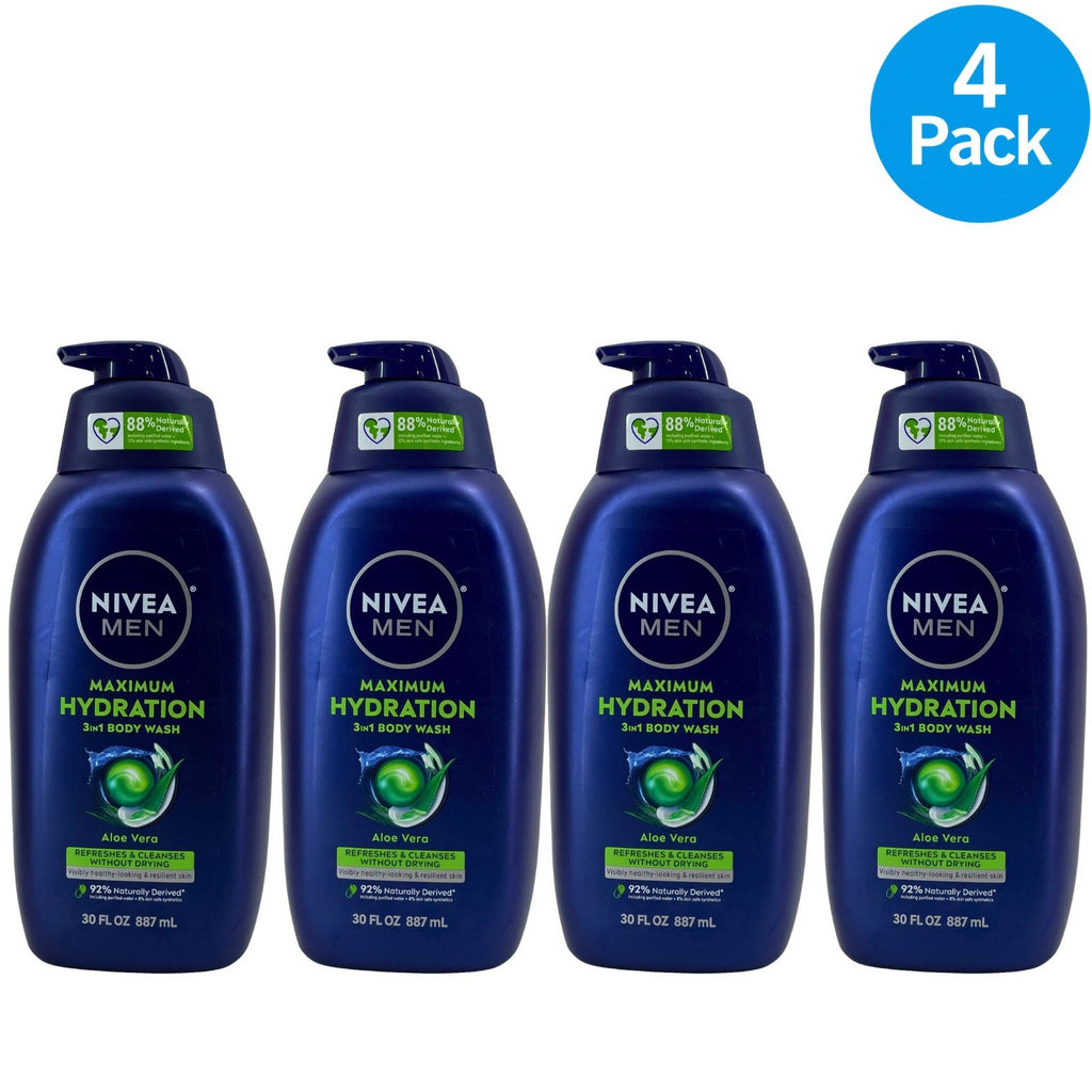 Nivea Men Hydrating 3-in-1 Body Wash Bundle - Aloe Vera, 4-Pack, 30 oz