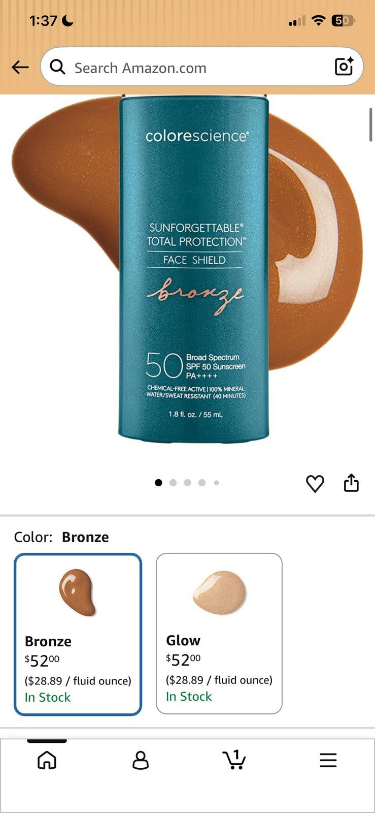 SPF 50 Face Shield Sun Protection with Bronze Tone - 1.8 Fl Oz