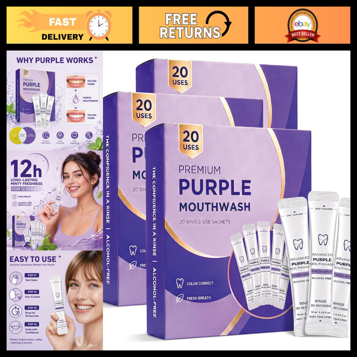 Purple Color Correcting Mouthwash Sachets - Brighten & Refresh Breath