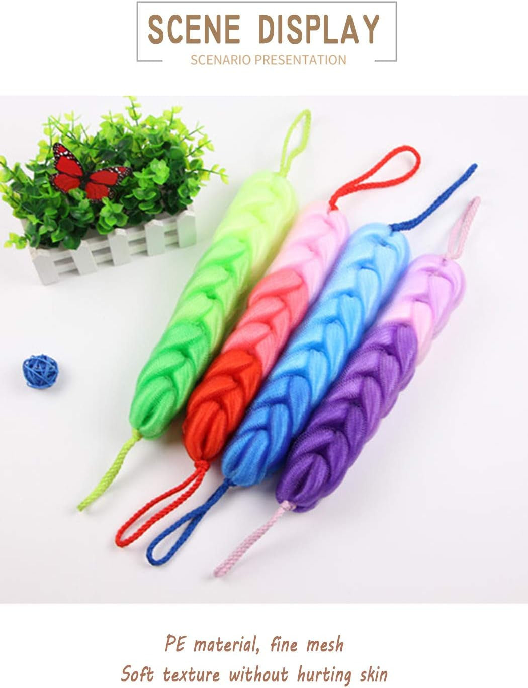 4 Pack Long Stretch Back Sponge with Rope Handles - Body Bath Scrubber