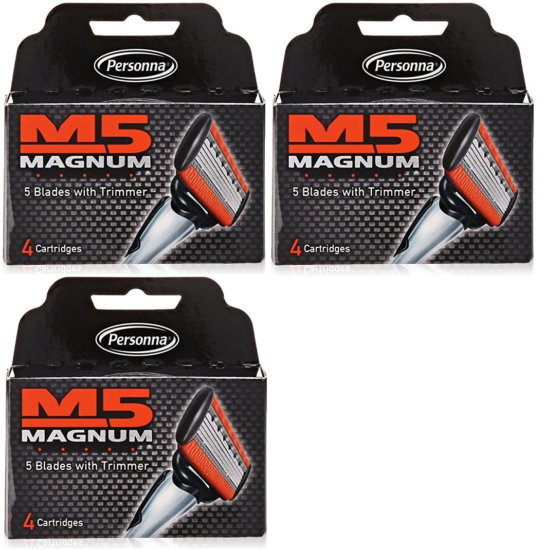 Personna M5 Magnum Razor Refill Blades with Trimmer - 4 Cartridges, 3 Pack