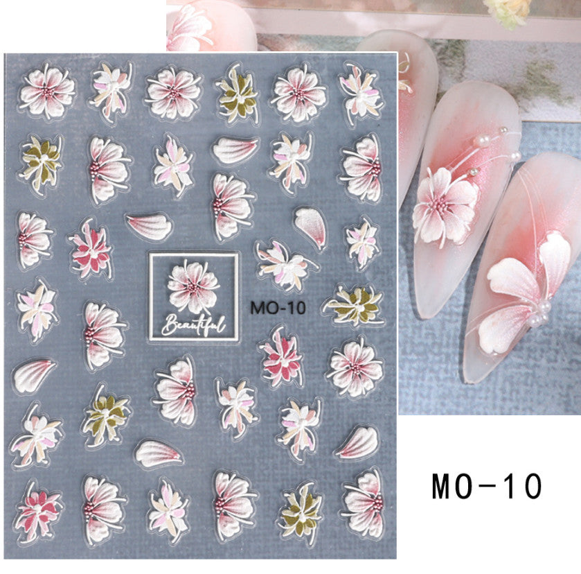 5D Camellia Gradient Pink Nail Stickers Floral Embossed Decals for Nail Art