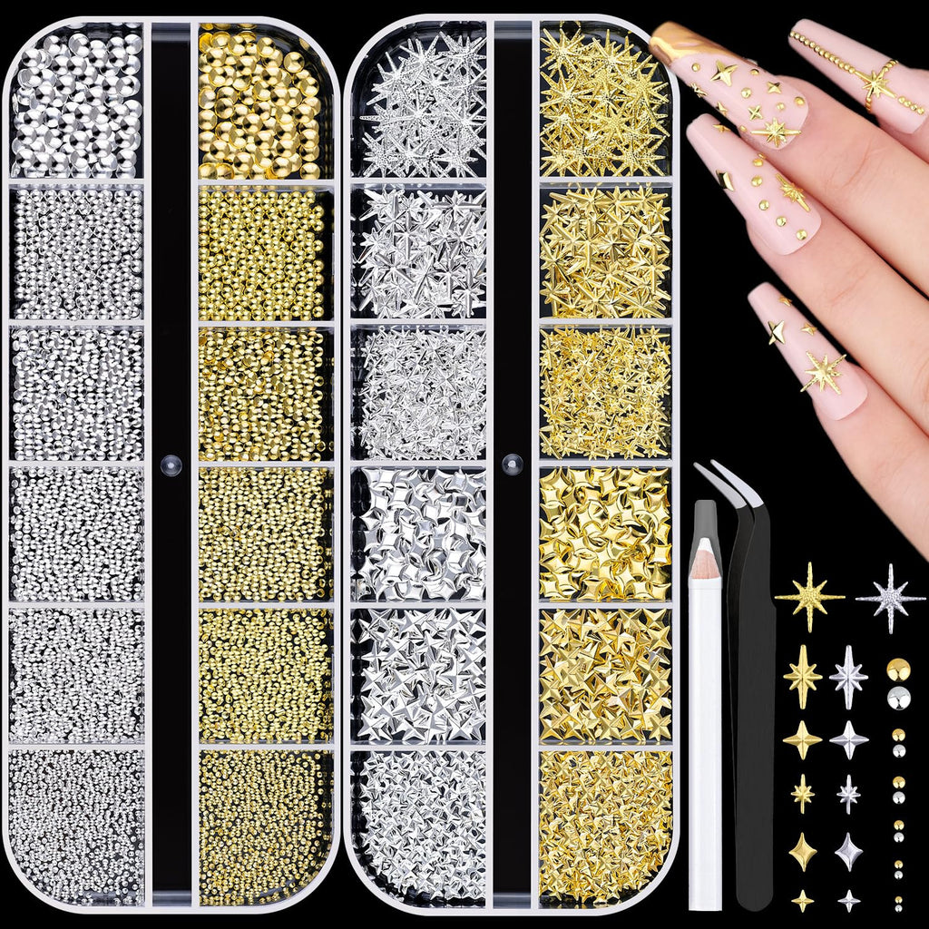 3D Star Nail Charms Set - Gold & Silver Metallic Nail Art Gems with Tweezers