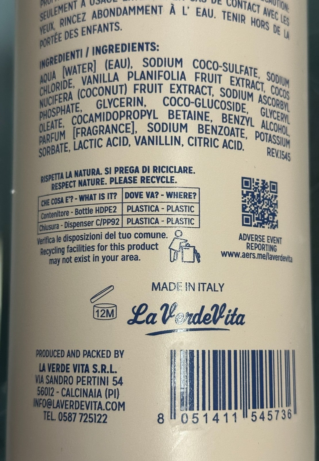 Hydrating Vanilla Coconut Body Wash - 2 Pack Made in Italy, Soft Foam Cleanser