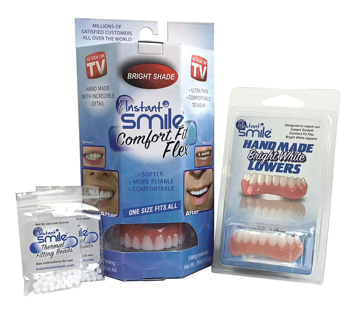 Instant Smile Comfort Fit Flex Veneers Kit with Bright White Upper and Lower Teeth + Impression Beads