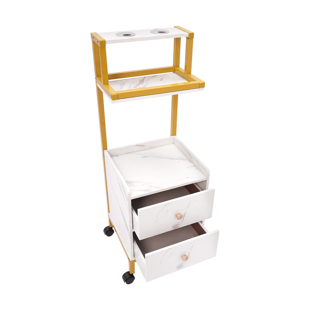 White Gold Barber Cart with 2 Drawers and Storage Rack - Salon Trolley with Wheels