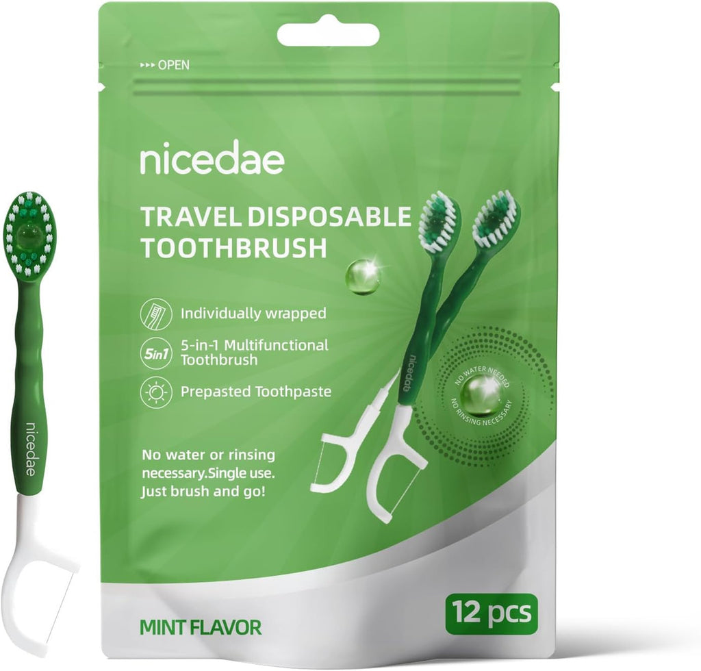 Disposable Travel Toothbrush Set with Toothpaste Floss and Scraper - 12 Pack