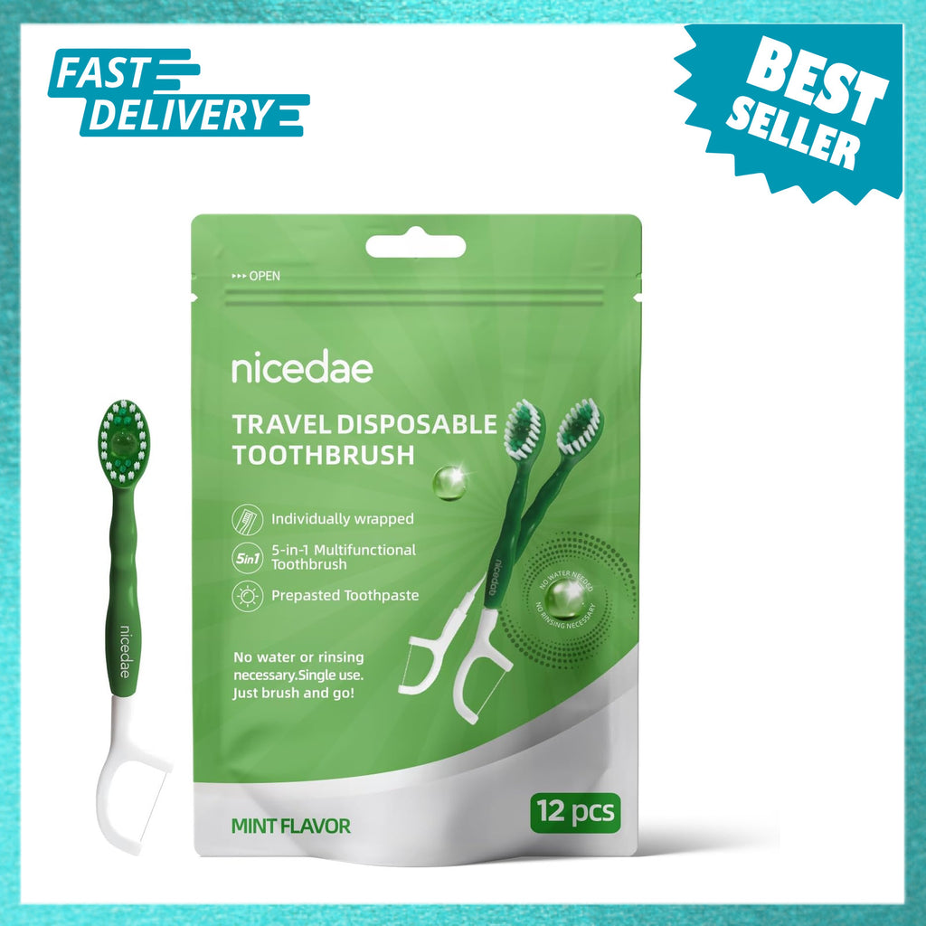 Disposable Travel Toothbrush Set with Toothpaste Floss and Scraper - 12 Pack