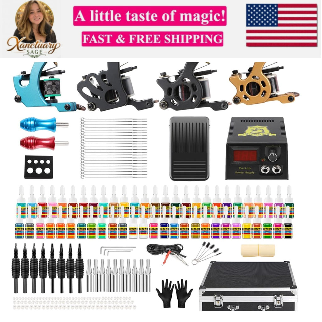 Complete Tattoo Kit with 4 Tattoo Machines, 54 Inks, Power Supply & Foot Pedal