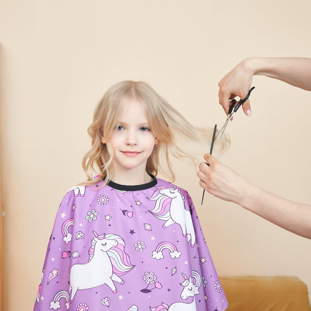 Kids Hair Cutting Cape with Adjustable Neck Strap and Unicorn Pattern - 51 x 36 Inch, Purple