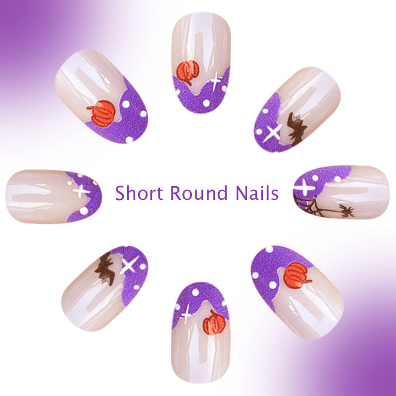 48pcs Short Oval Press-On Nails for French Pumpkin Spider Bat Nail Art