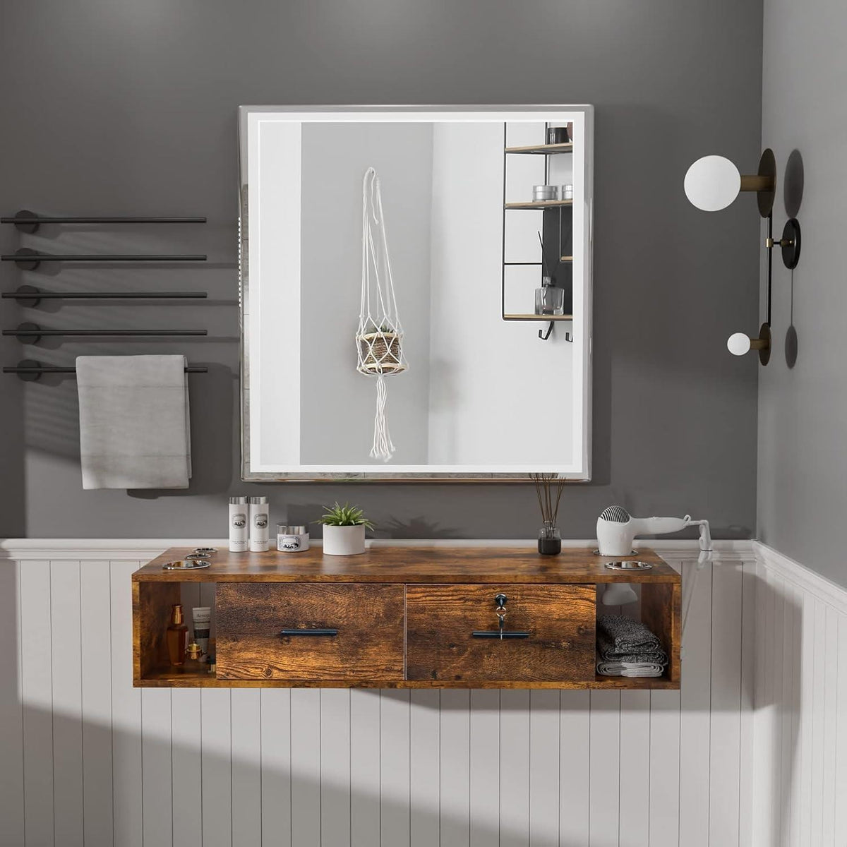 Wall Mount Salon Station with Drawers and Open Storage for Hair Beauty