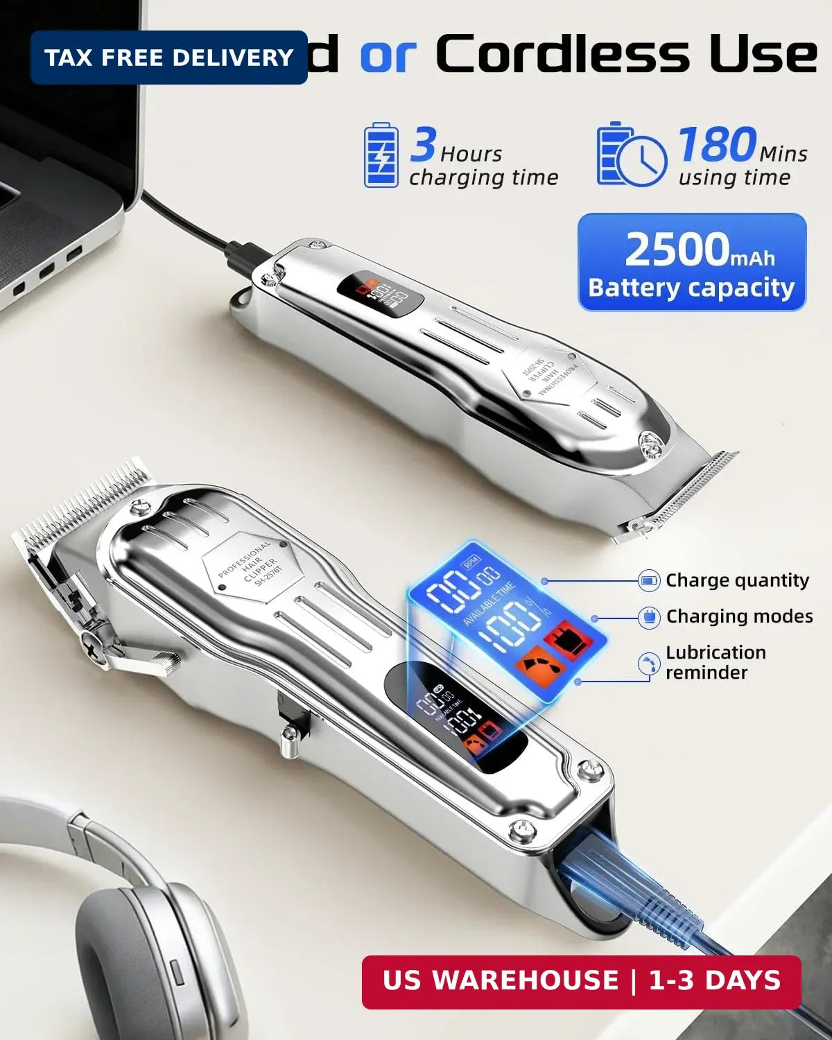 Cordless Hair Clippers for Men Professional Haircut Trimmer with Guide Combs