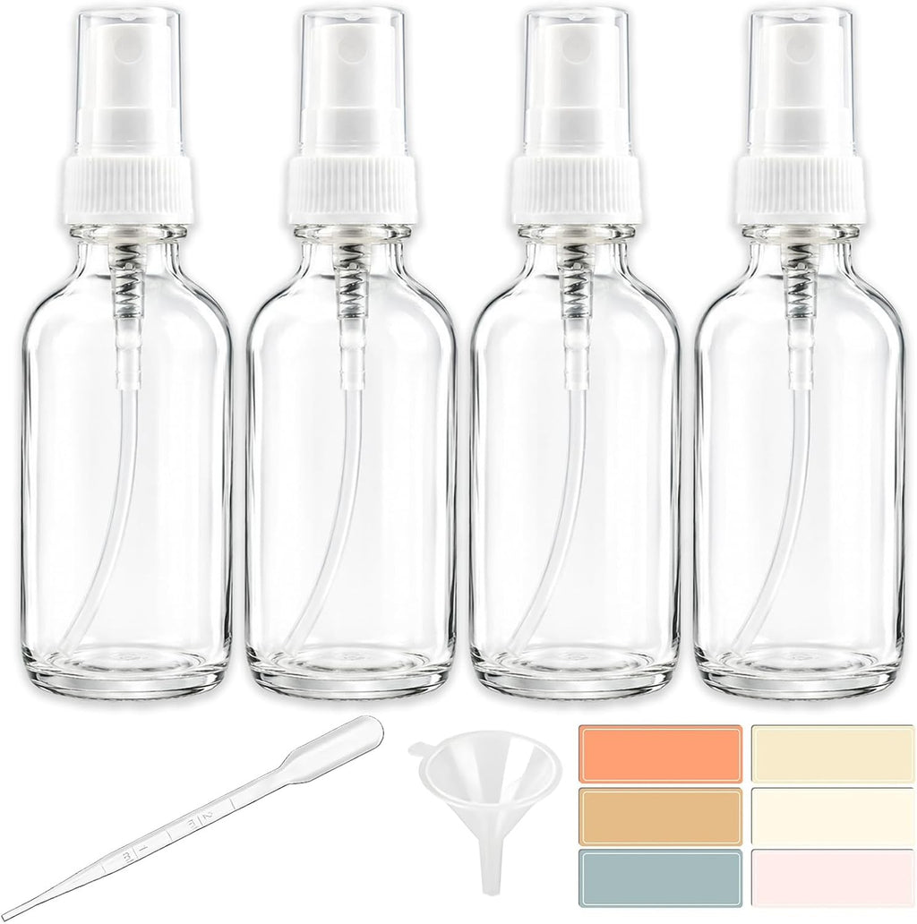 4 Pack 2oz Clear Glass Spray Bottles with Fine Mist Atomizer for Personal Care and Household Use
